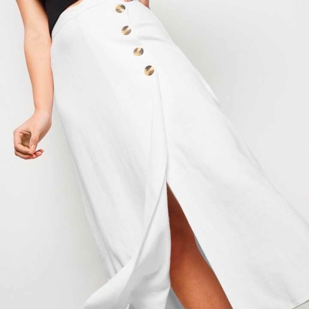 Long Linen Button Up White Maxi Skirt
